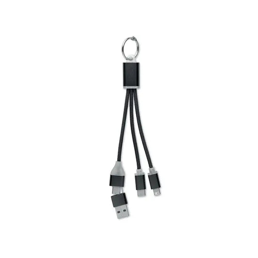 Cablu de incarcare 4 in 1 tip c negru cu breloc si trei conectori usb lightning si micro-usb