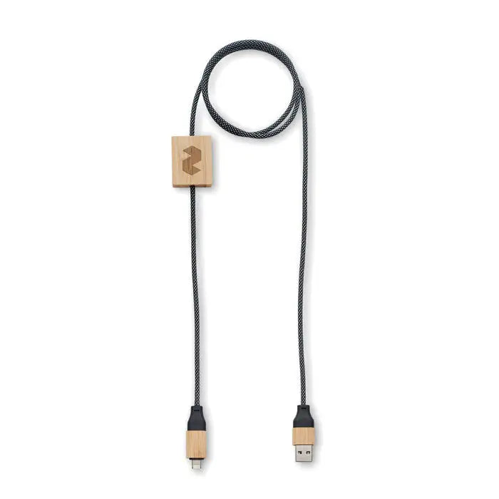 Cablu de incarcare 60w negru cu impletitura, conectori din lemn si eticheta din lemn gravata cu logo