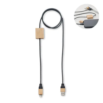 Cablu de incarcare 60w negru impletit cu capete din lemn si conector bloc din lemn pentru incarcare rapida