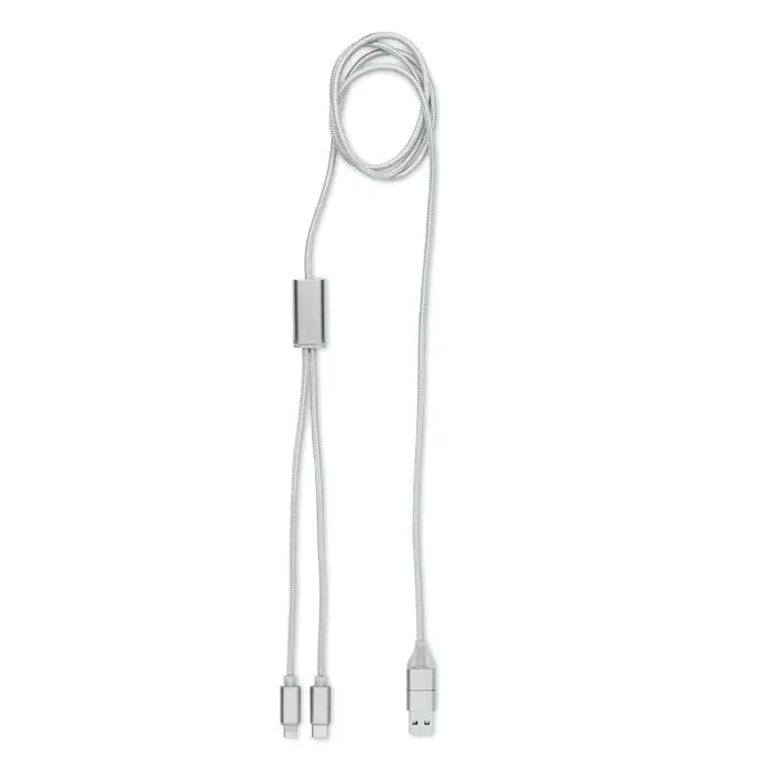 Cablu de incarcare lung 2 in 1 argintiu impletit cu splitter central si conector usb-a si doua lightning