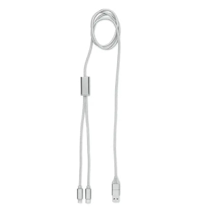 Cablu de incarcare lung 2 in 1 argintiu impletit cu splitter central si conector usb-a si doua lightning