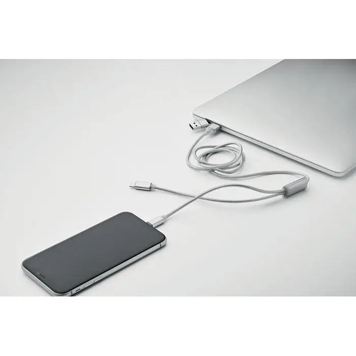 Cablu de incarcare lung 2 in 1 argintiu cu imbracaminte impletita si conector metalic compact usb-c la usb-a