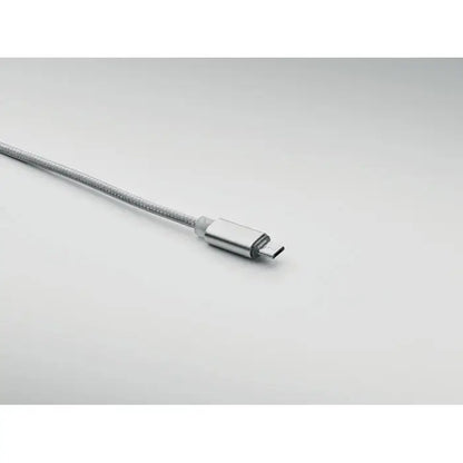 Cablu de incarcare lung 2 in 1 usb-c argintiu cu exterior din tesatura gri impletita si conector metalic