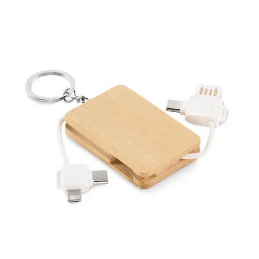 Cablu de incarcare pentru breloc power bank dreptunghiular din bambus cu finisaj natural si doua conectori usb albi
