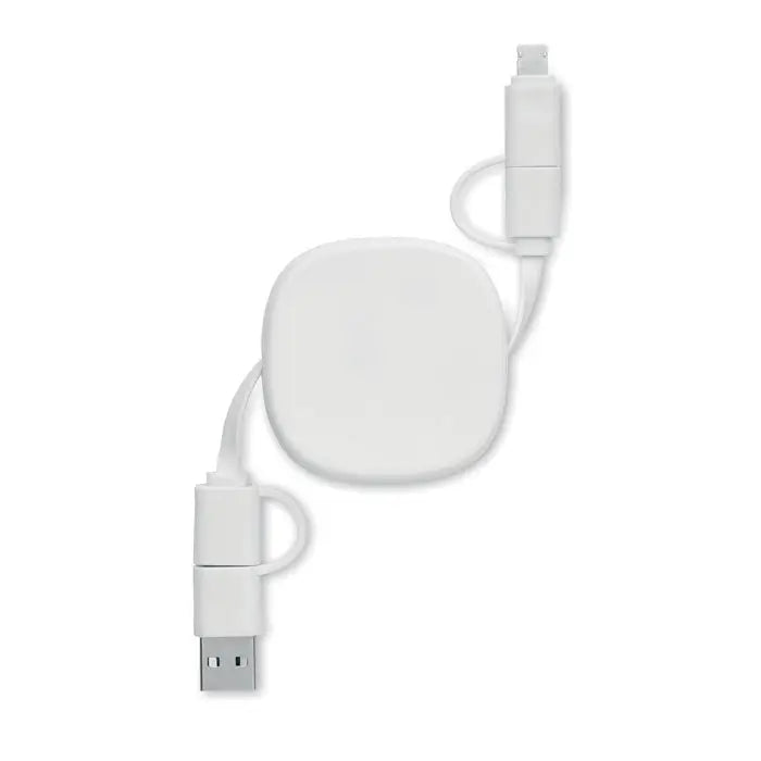 Cablu de incarcare retractabil alb cu conectori usb-a si lightning pentru incarcare rapida de 60 w