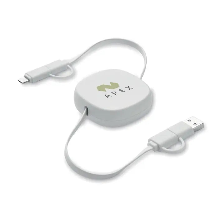 Cablu de incarcare retractabil white apex 60 w cu conectori usb-a si lightning alb pentru incarcare rapida