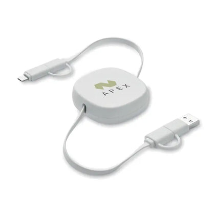 Cablu de incarcare retractabil white apex 60 w cu conectori usb-a si lightning alb pentru incarcare rapida
