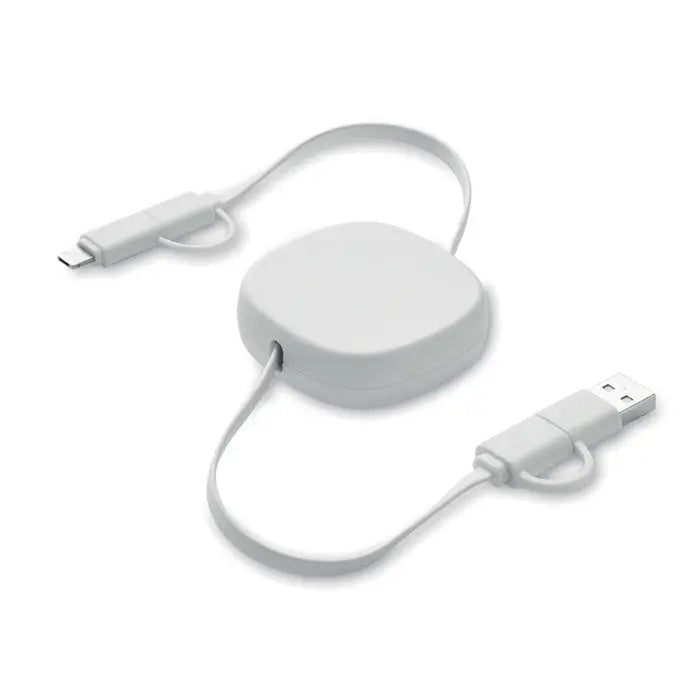 Cablu de incarcare retractabil alb de 60 w cu conectori usb-a si lightning pentru utilizare universala