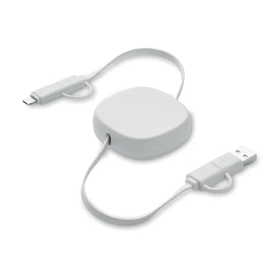 Cablu de incarcare retractabil alb de 60 w cu conectori usb-a si lightning pentru utilizare universala
