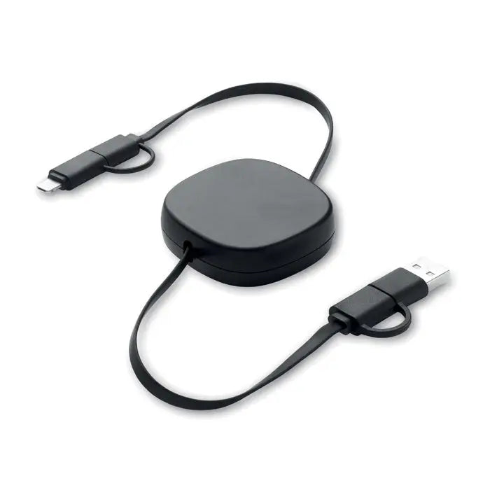 Cablu de incarcare retractabil de 60 w negru cu carcasa rotunjita si conectori dubli pentru incarcare rapida