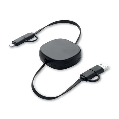 Cablu de incarcare retractabil de 60 w negru cu carcasa rotunjita si conectori dubli pentru incarcare rapida