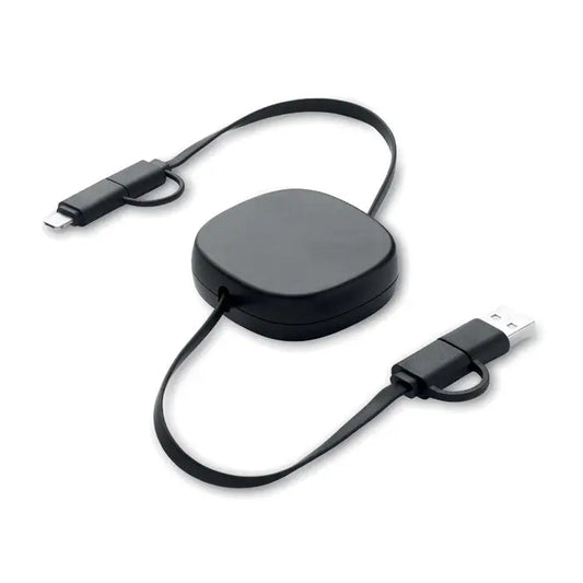 Cablu de incarcare retractabil de 60 w negru cu carcasa rotunjita si conectori dubli pentru incarcare rapida