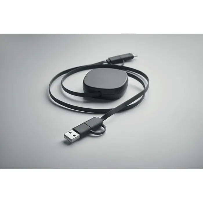 Cablu de incarcare retractabil de 60 w negru cu carcasa rotunjita si conectori duali pentru utilizare versatila
