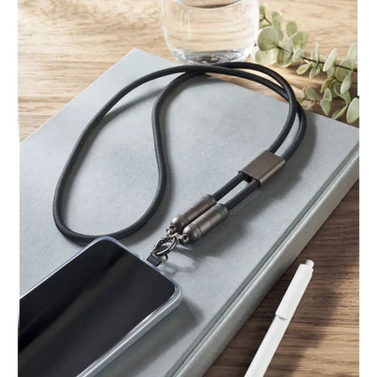 Cablu snur negru din material textil cu clema metalica si conectori cilindrici pentru suport telefon 60w