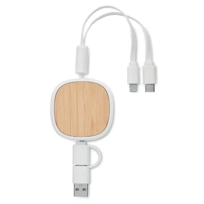 Cablu usb de incarcare retractabil alb cu textura lemn deschis si porturi usb duble pentru alimentare eficienta