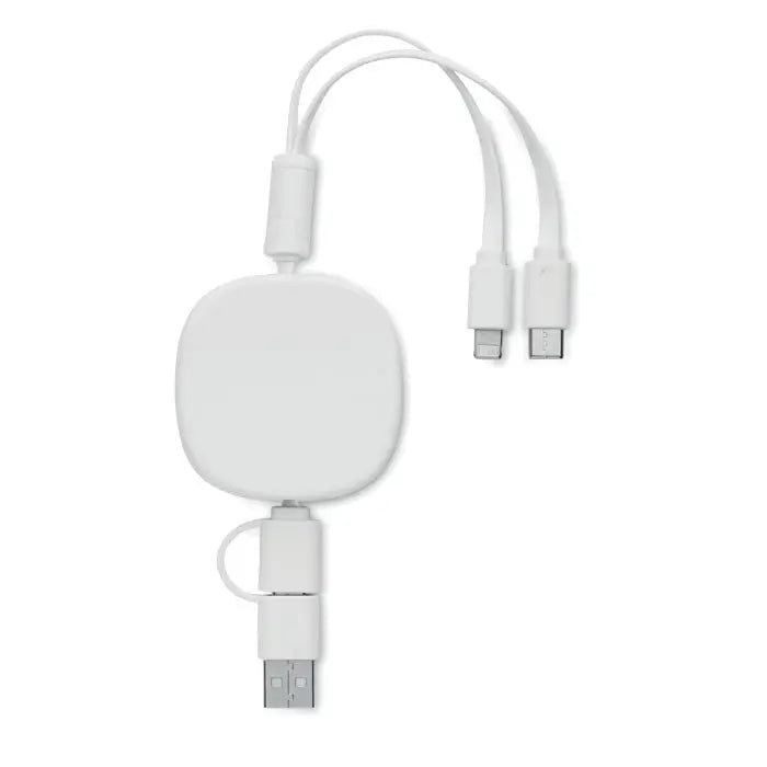Cablu usb de incarcare retractabil alb cu conector usb-a si capete duale lightning si micro-usb pentru incarcare eficienta
