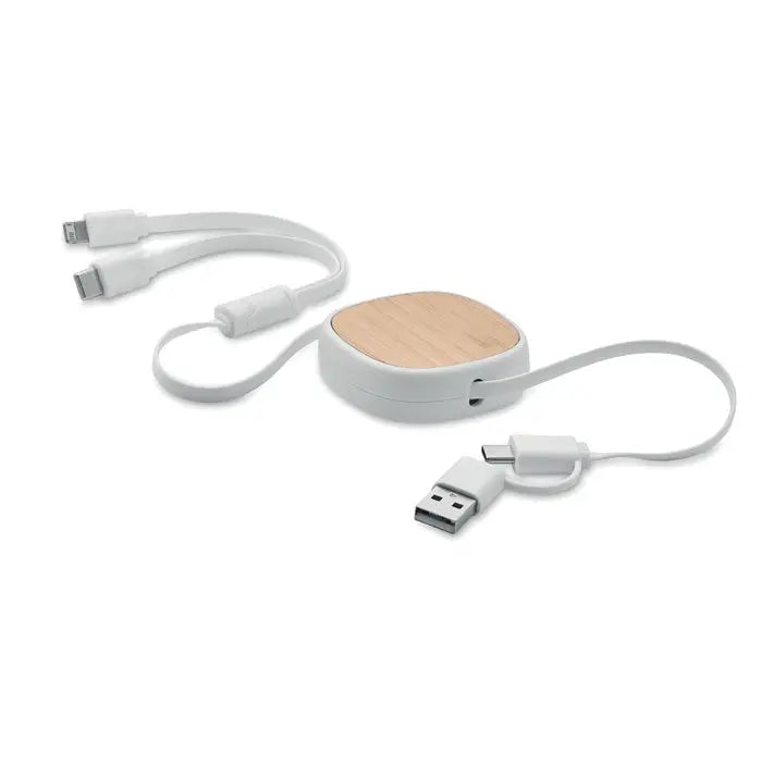 Organizer retractabil pentru cablu usb alb cu textura din lemn de bambus cu multiple conectori usb pentru incarcare