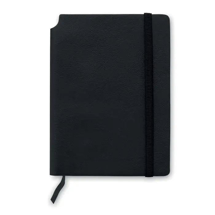 Caiet a5 din piele neagra cu 80 de coli randuite, inchidere elastica si semn de carte asortat