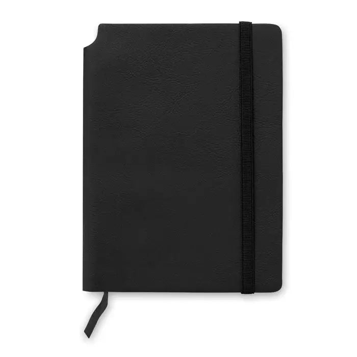 Caiet a5 cu 80 de coli randuite legat in piele neagra cu elastic si semn de carte integrat