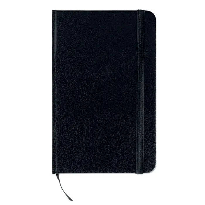 Caiet a5 cu coperta din piele neagra, elastic si semn de carte suspendat, 96 coli patrate