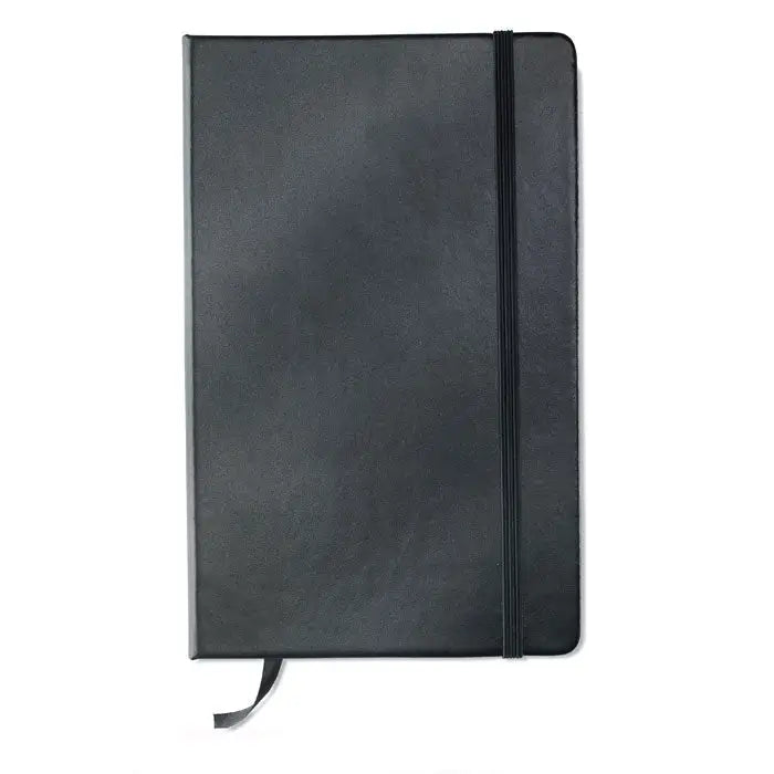Notebook caiet a5 cu 96 coli randuite, coperta neagra din piele, inchidere elastica si marcator tip panglica