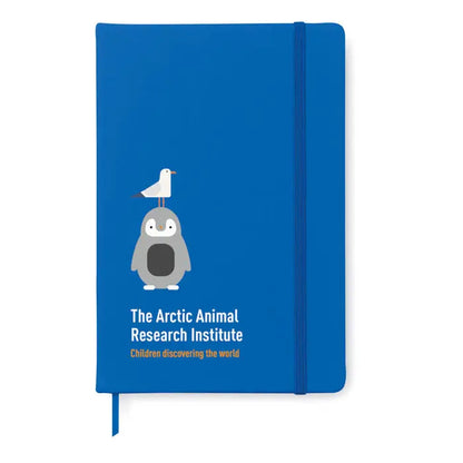 Caiet a5 96 coli randuite albastru cu coperta cartonata si ilustratie cu pinguin si pescăruș sub textul the arctic animal research institute