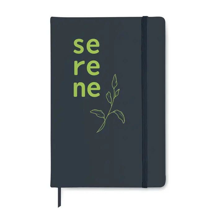 Notebook a5 cu 96 coli randuite albastru închis cu text lime green serene și ilustrație frunză pe copertă
