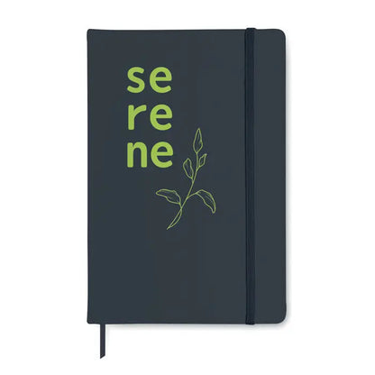 Notebook a5 cu 96 coli randuite albastru închis cu text lime green serene și ilustrație frunză pe copertă