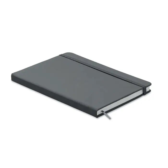 Caiet a5 96 coli randuite cu coperta hardcover gri închis, margini argintii și bandă elastică de închidere