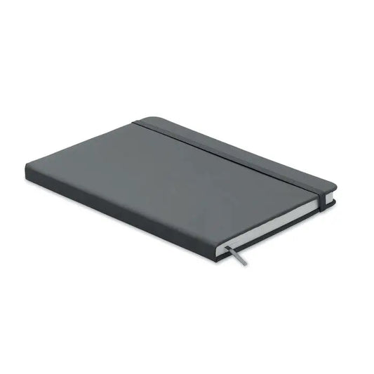 Caiet a5 96 coli randuite cu coperta hardcover gri închis, margini argintii și bandă elastică de închidere