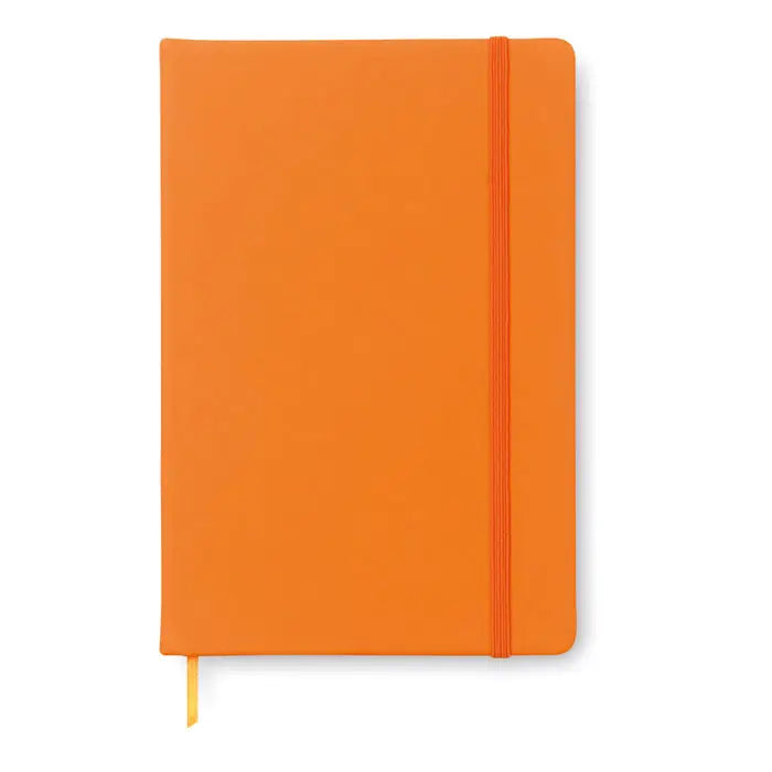 Caiet a5 96 coli randuite cu coperta portocalie hardcover, elastic si semn de carte galben