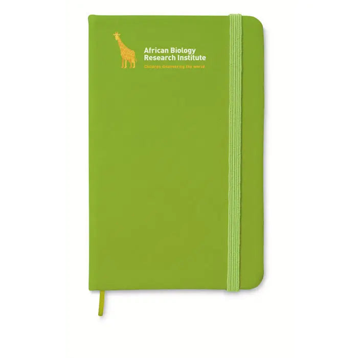 Notebook a5 lime green cu copertă texturată, logo girafă portocalie și text african biology research institute alb