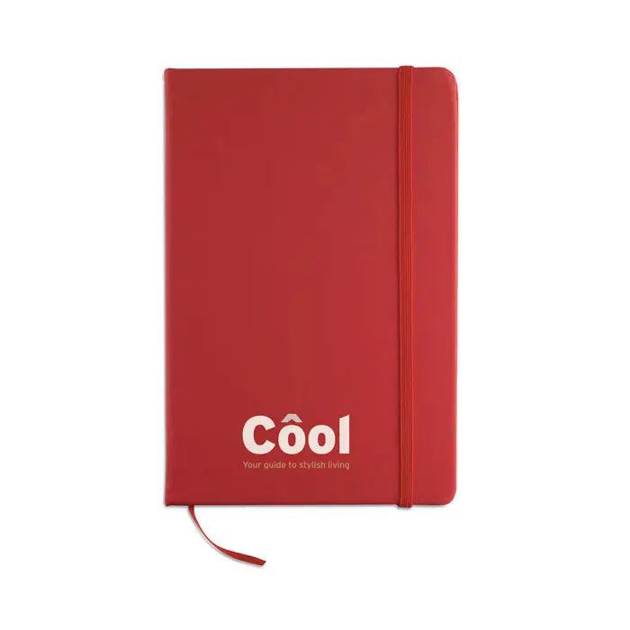 Caiet a5 96 coli simplu roșu cu logo cool alb, banda elastică și semn de carte pentru stil de viață