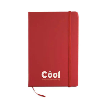 Caiet a5 96 coli simplu roșu cu logo cool alb, banda elastică și semn de carte pentru stil de viață
