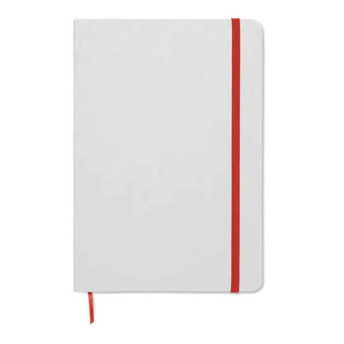 Caiet a5 alb cu elastic rosu si semn de carte rosu care dezvaluie culoarea copertii