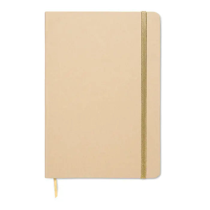Caiet a5 beige cu elastic auriu si semn de carte asortat dezvaluie culoarea pe coperta material textil