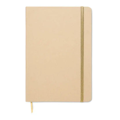 Caiet a5 beige cu elastic auriu si semn de carte asortat dezvaluie culoarea pe coperta material textil