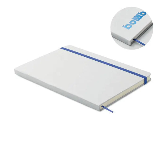 Caiet a5 cu coperta hardcover alba, elastic albastru si cuvântul bowl imprimat albastru deschis pe coperta