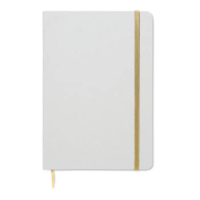 Caiet a5 cu coperta alba tare, elastic auriu si semn de carte auriu pentru notite elegante
