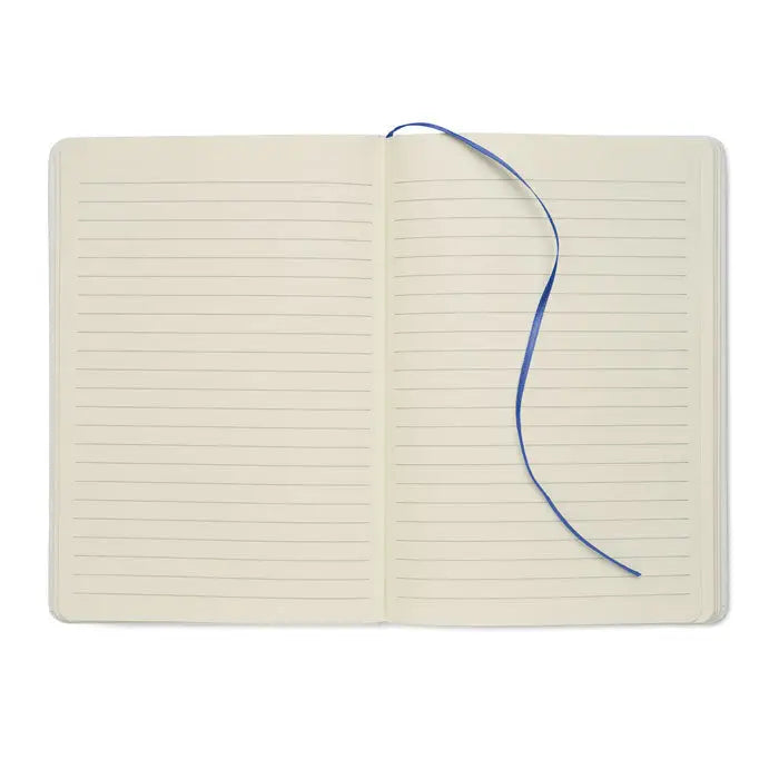 Crem caiet a5 cu linii si semn de carte albastru pentru notite si organizare eficienta