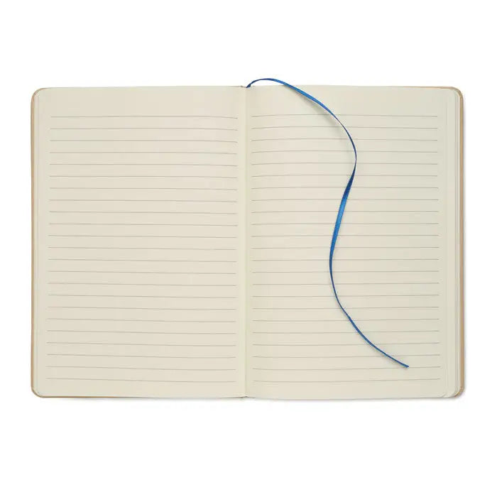 Caiet a5 cu margini bej si semn de carte albastru pentru notite organizate eficient