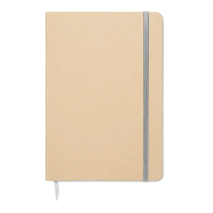 Caiet a5 bej texturat cu elastic argintiu si semn de carte alb pentru notite elegante si organizate