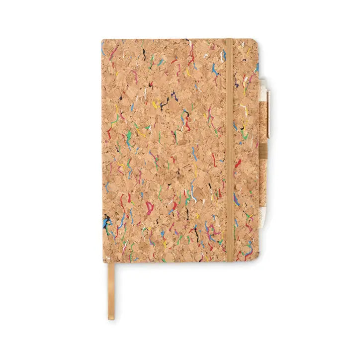 Caiet a5 color pluta cu copertă din plută bej decorată cu model abstract colorat și elastic asortat de fixare