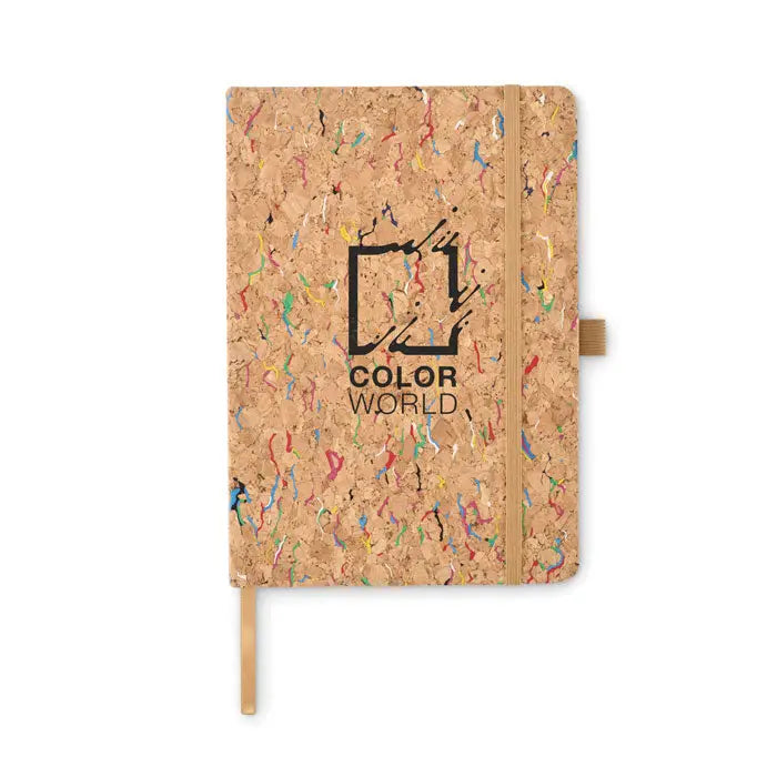 Caiet a5 color pluta cu copertă din plută colorată și logo negru color world pe față