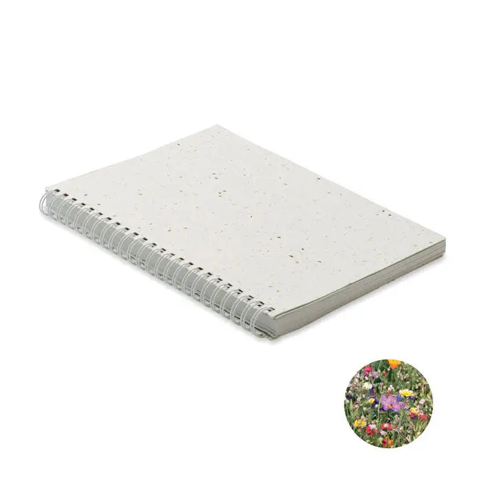 Caiet a5 spiralat alb cu coperta din hartie cu seminte si design inspirat din natura