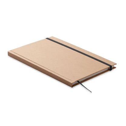 Caiet a5 cu pagini reciclate si coperta bej, prevazut cu elastic negru si semn de carte asortat