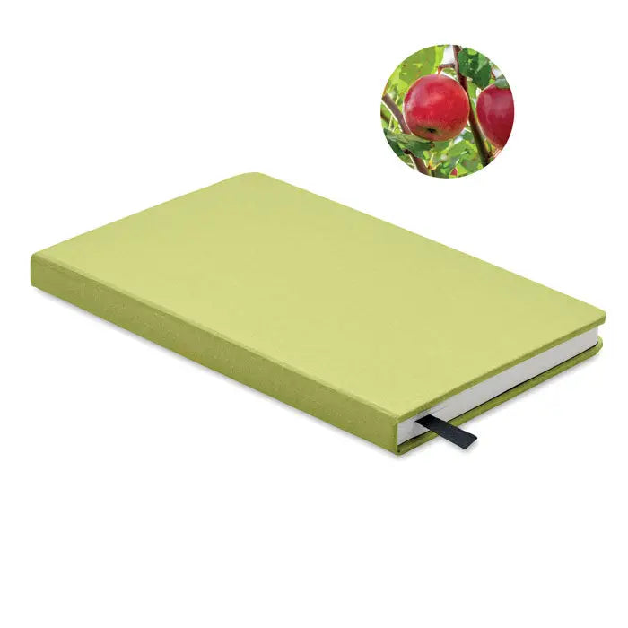 Caiet a5 lime green cu coperta tare texturata si pagini reciclate si semn de carte negru pe lateral