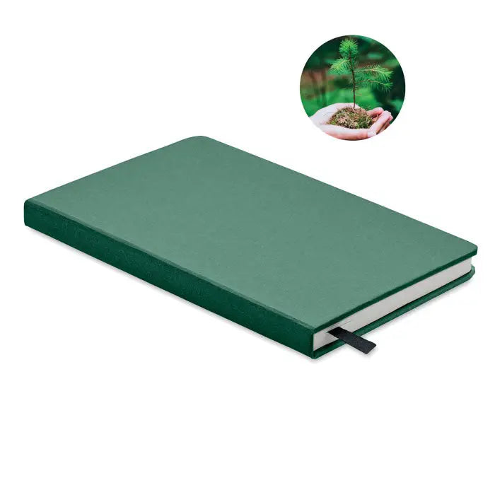 Caiet a5 verde cu copertă dură și pagini reciclate cu semn de carte negru