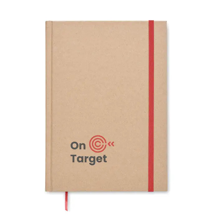 Caiet a5 din hartie kraft maro reciclat cu fermoar rosu si logo on target pentru notite durabile