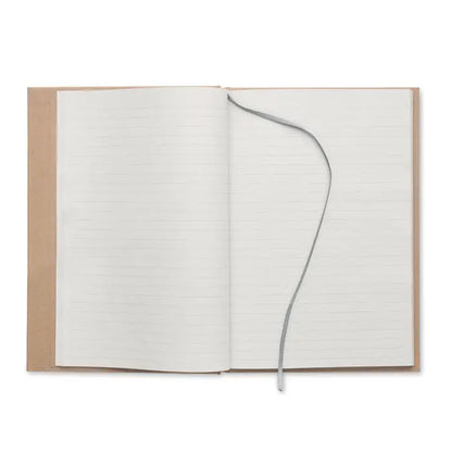 Caiet a5 cu pagini reciclate minimalist bej cu pagini albe linii si semn de carte gri subtire